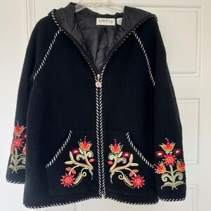 Orvis Vintage Womens 100% Wool Embroidered Full Zip Jacket Sz Medium Cottagecore